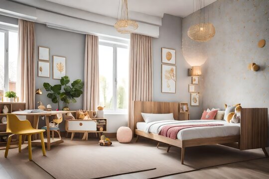Modern bedroom of a kid, modern interior design - Generative AI