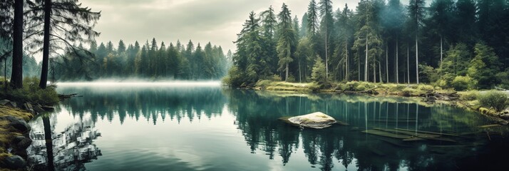 panoramic view of misty mountain lake in autumn, beautiful nature background