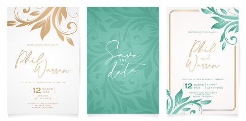three set ornamental Wedding invitation card with floral design elements for greetings cards template, Stationery, Layout, collage, scene designs, event flyers, prints paper materials holiday festives