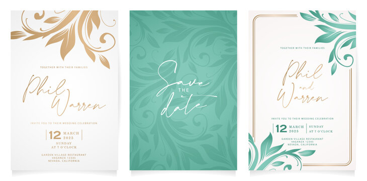 three set ornamental Wedding invitation card with floral design elements for greetings cards template, Stationery, Layout, collage, scene designs, event flyers, prints paper materials holiday festives