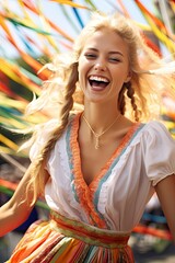 beautiful blonde swedish woman happily dancing around the maypole at a local festival (Generative AI)