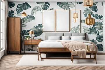 Modern bedroom interior with photo frames on wall - Generative AI