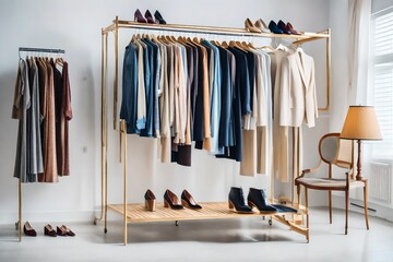 interior of a wardrobe, dress hanging on a rack with shoes on the ground, beautiful interior design - Generative AI