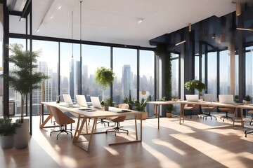 modern office interior with a big window and a beautiful view, beautiful interior design - Generative AI