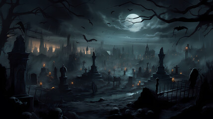 Halloween background with bats flying over cemetery.Halloween background with Evil Pumpkin. Spooky scary dark Night forrest. Holiday event halloween banner background concept