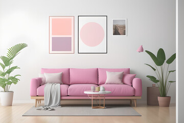 Poster mockup with horizontal frame on empty wall in living room interior with pink sofa and multi-colored pastel pillows. 3D rendering. Modern living room