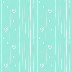 ฺBluish green color Seamless pattern with hand drawn outline dot and heart and stripes.