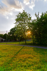 Scenic view of landscape with colorful cloudy spring evening sky at Swiss City of Zürich district Schwamendingen. Photo taken June 3rd 2023, Zurich, Switzerland.
