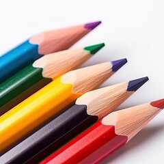 Obraz premium different coloring pencils lying flat on clear white table (Generative AI)