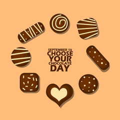Some delicious chocolates in different shapes with bold text on light brown background to celebrate National Choose Your Chocolate Day on September 16