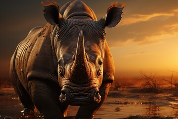 Rhino's Grandeur: A rhinoceros, horned and majestic, traversing the landscape with its prehistoric aura.Generated with AI - obrazy, fototapety, plakaty