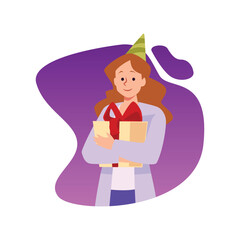 Smiling woman in birthday hat holding gift box, cartoon flat vector illustration isolated on white background.