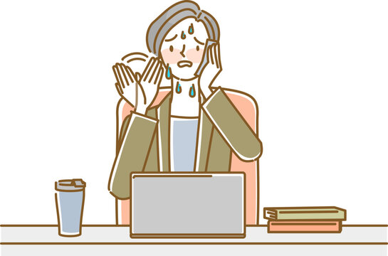 recommend clip art: 女性の体調不良（更年期障害）：仕事中にホットフラッシュで顔から汗が吹き出す