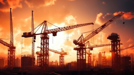 Construction cranes against a backdrop of progress, representing the physical manifestation of development fueled by industrial activities