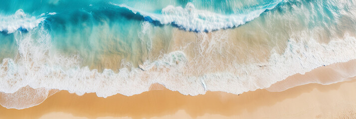 close up drone view od a wave of sea on the beach banner - obrazy, fototapety, plakaty