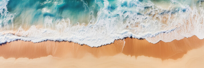 close up drone view od a wave of sea on the beach banner - obrazy, fototapety, plakaty