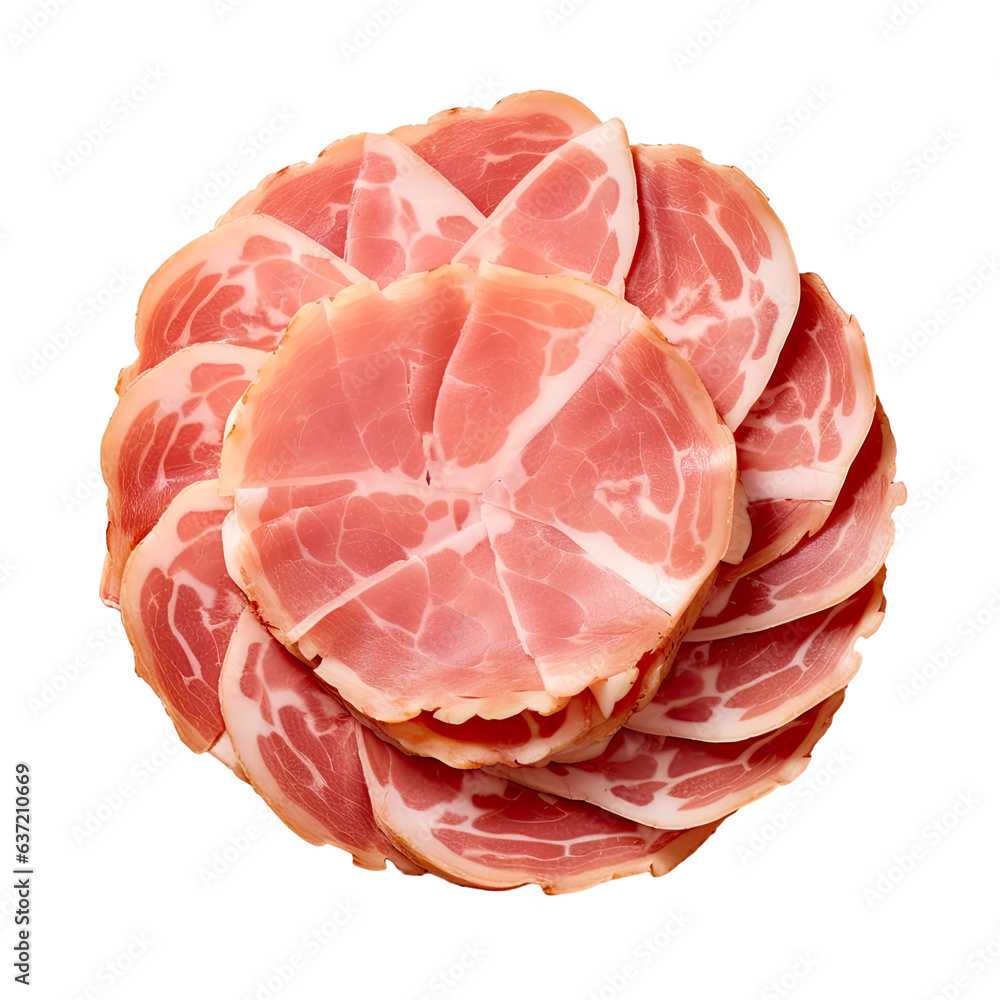 Poster top view of ham slices on transparent background
