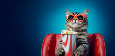 Banner with Cat watching 3D movie with popcorn sitting in red armchair - obrazy, fototapety, plakaty