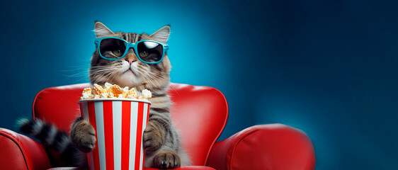 Banner with Cat watching 3D movie with popcorn sitting in red armchair