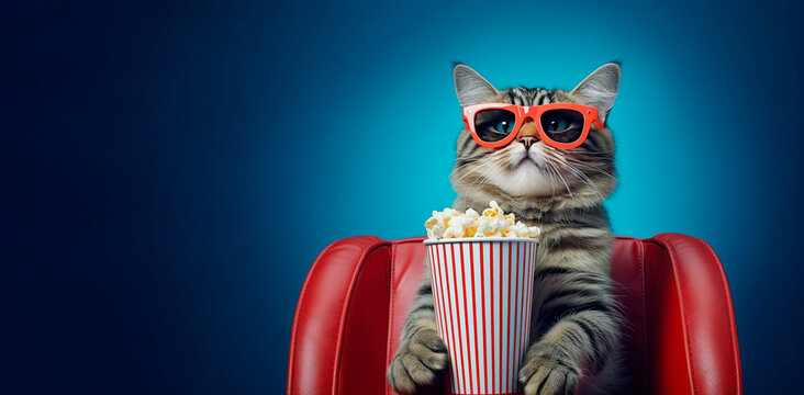 Banner with Cat watching 3D movie with popcorn sitting in red armchair