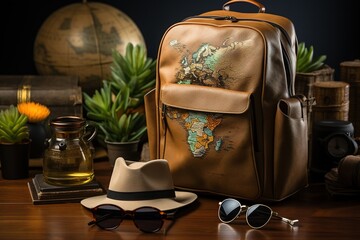 Traveler's accessories and items for travel plane. copyspace,Generated with AI