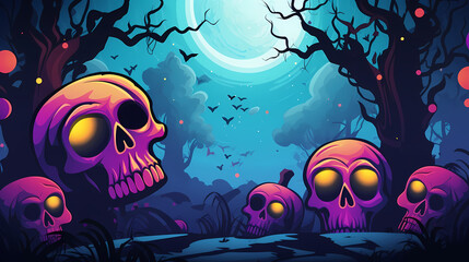 Halloween background with slkul.Halloween background with Evil Pumpkin. Spooky scary dark Night forrest. Holiday event halloween banner background concept