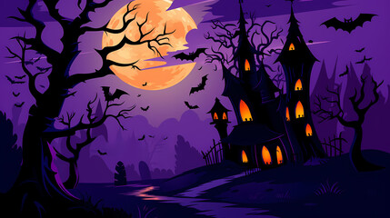 Halloween background with scary pumpkins and house haunted.Halloween background with Evil Pumpkin. Spooky scary dark Night forrest. Holiday event halloween banner background concept