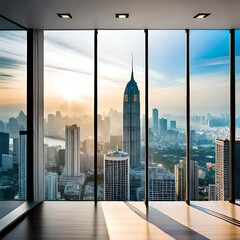 Empty room Interior Skyscrapers View Bangkok. Downtown City Skyline Buildings from High Rise Window.AI generated