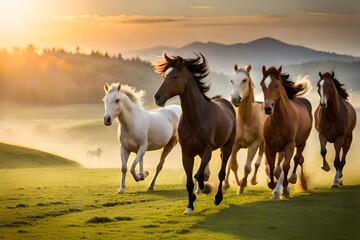 Obraz premium Amidst a golden field, a group of horses gallop 