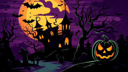 Halloween background with scary pumpkins and house haunted.Halloween background with Evil Pumpkin. Spooky scary dark Night forrest. Holiday event halloween banner background concept