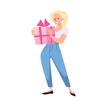 Excited blonde woman holding gift box with bow, holiday surprise, birthday celebration, prize vector illustration