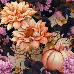 Pumpkins and Peonies Vintage Seamless background