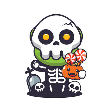 Frog with skeleton costume holding halloween pumpkin.
