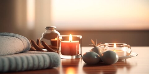 Spa composition with candles, sea salt and towels on wooden table