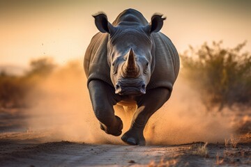 majestic rhinoceros charging towards the camera (Generative AI) - obrazy, fototapety, plakaty