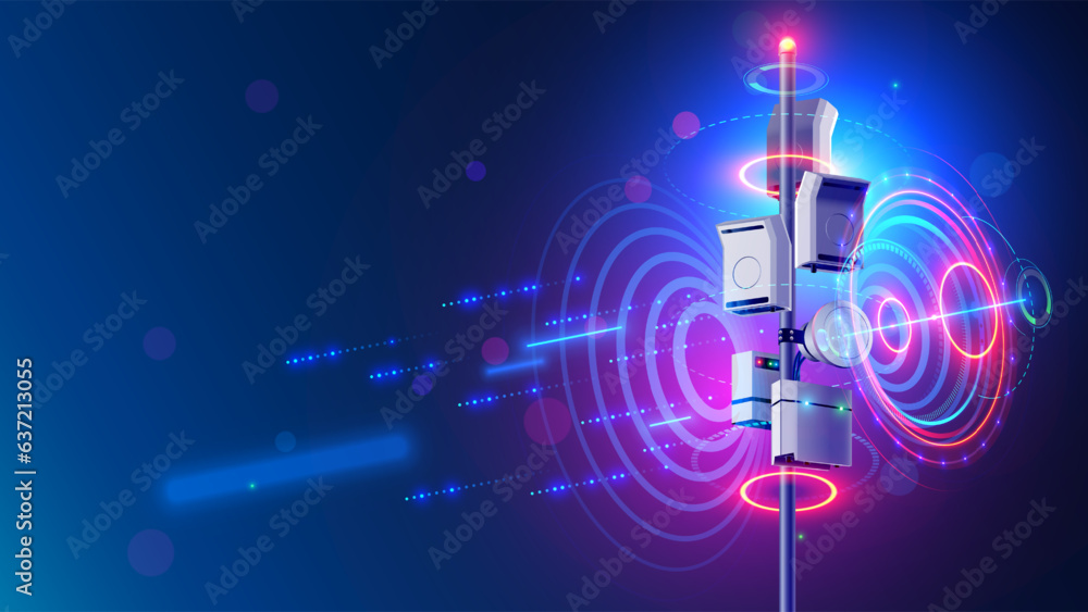 Poster 5g mobile internet communication tower. wireless broadband antenna transmit telecommunication signal