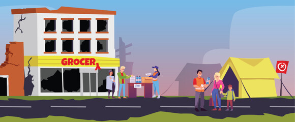 Fototapeta na wymiar Volunteers help people after catastrophe, natural disaster, war or earthquake, vector crisis shelter tent ruined grocery