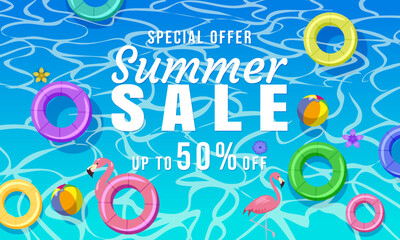 Summer Sale background banner template. Swimming tiled pool, blue water ocean, float swim rings, tropical, top view