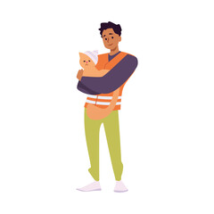 Volunteer in orange vest helps sick cat, helping after accident, catastrophe, natural disaster vector illustration