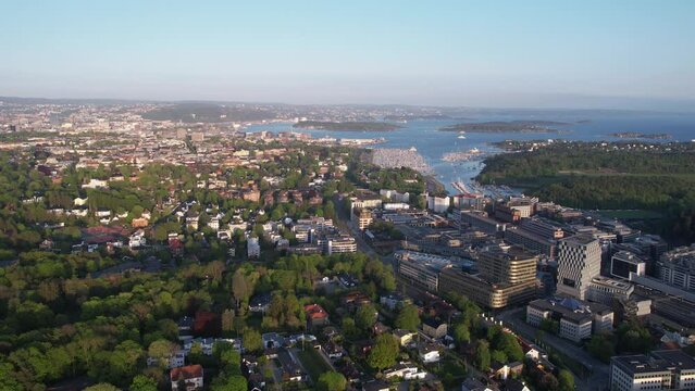 Drone Shot of Oslo, Norway, Residential Suburbs With Downtown and Fjord in Background on Sunny Day