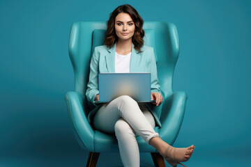 Fototapeta na wymiar Business woman sit on chair use device netbook online communicate , Created with Generative Ai Technology