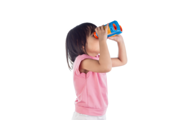 Happy kid looking ahead. Asian kids with Colorful Binoculars Isolated on White Background with clipping path. Children's toy.