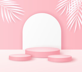 pink background with paper palm leafs and stand or podium display for product presentation, branding, packaging and promotion. vector illustration design.