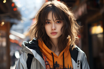 Fototapeta premium Young girl with cute hair in the style of realistic lighting kawaii 