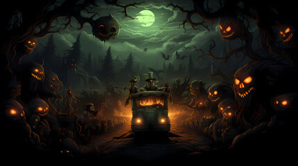 Happy Halloween background with scary pumpkins and car haunted.Halloween background with Evil Pumpkin. Spooky scary dark Night forrest. Holiday event halloween banner background concept