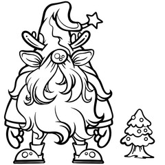 black line drawing gnome on a white background in a happy new year dress vector illustration