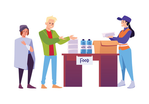 Volunteer activist giving food and water to the needy, vector cartoon humanitarian help and support for sufferer people