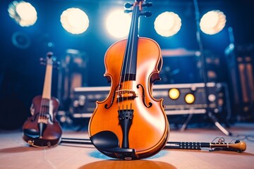 Violin on the stage in a recording studio. Musical instruments.