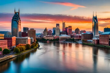 A stunning aerial view of the skyline of Nashville, T. at sunrise with reflections on the river water. The cityscape is vibrant and colorful against the backdrop of the sky.