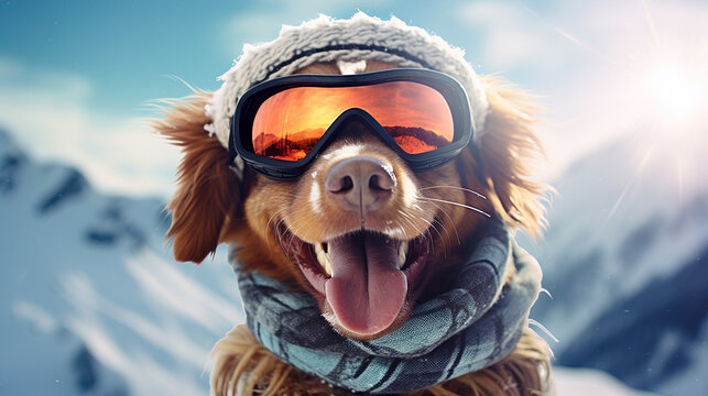 Happy dog in ski goggles on the background of winter mountains. Ski winter resort
